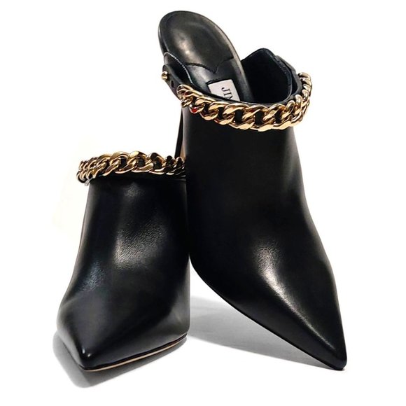 Jimmy Choo Lexx 100 Black Leather Gold Color Chain EU 37 US 7 Mules - Picture 3 of 12
